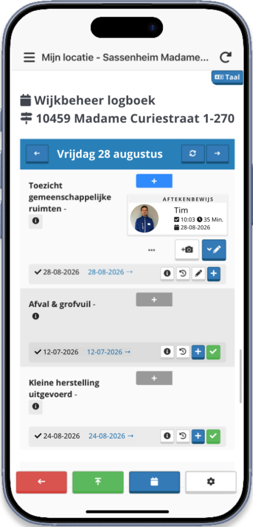 Uitvoerder tekent een taak af op locatie en vult de bestede tijd in