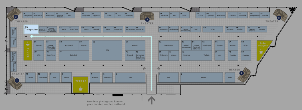 Plattegrond CorporatiePlein 2026 met stand TranspaClean als highlight.